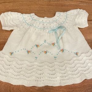 Vintage hand knit White Baby Swearer Dress with Embroidered Details. Beautiful!